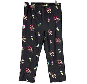 VTG Lilly Pulitzer Pants Sz M Black Floral Embroidered 100% Silk Cropped Lined - Picture 1 of 11