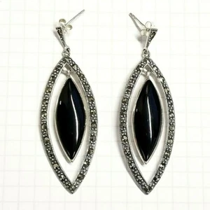 ONYX STONES Dangling Drop EARRINGS + FREE PENDANT Marcasite .925 STERLING SILVER - Picture 1 of 3