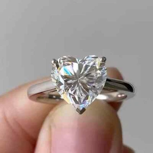 2.45CT Heart Cut Moissanite Solitaire Engagement Ring Real 14k White Gold Plated - Picture 1 of 8