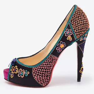 Christian Louboutin Multicolor Embellished Satin Bow Peep Toe Platform Pumps - Picture 1 of 9