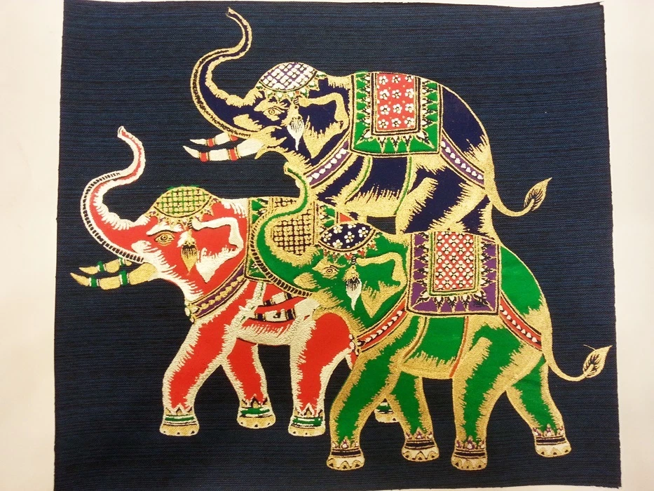 Thai Art Silk Painting Animal Posters Print Colorful 3 Elephant Asian Home Decor - Image 1 of 4