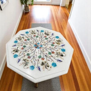 24" White Marble Coffee Table Semi Precious Stone Floral Marquetry Garden Decors - Picture 1 of 6