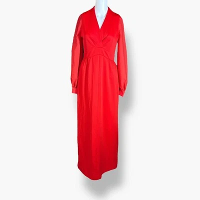 Vintage Leslie Fay Womens Dress Bright Red Maxi Sheer Sleeves 60s 70s V-Neck S/M - Image 1 of 4