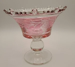 Vintage Beaded Pink Depression Paden City Glass Etched Footed Compote Candy Dish - Picture 1 of 7