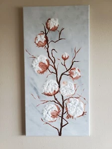 Handmade Painting Acrylic Wood Frame 30x15x0.5in Art Decor Cotton Branch - Picture 1 of 13