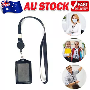 Leather Business ID Badge Card Holder & Retractable Lanyard Neck Strap Band New - Picture 1 of 11