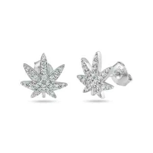 Pendientes de tachuelas de plata esterlina 925 chapados en rodio cannabis CZ - Imagen 1 de 2