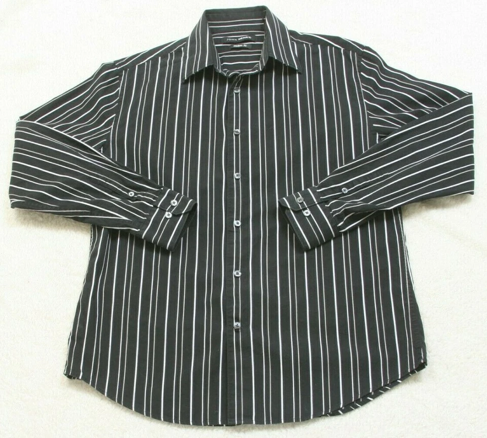 Dress Shirt Medium Cotton John Henry Long Sleeve Mans Striped Black White 1287 - Image 1 of 4