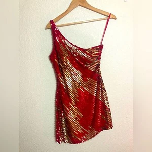 Mini Vestido Scala 100% Seda Lentejuelas Dorado y Rojo Un Hombro Talla 6 Forrado - Imagen 1 de 10