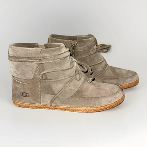 UGG Reid Suede Slate Ankle Boots Size 9.5  Boho Fall Moccasin Style Zip And Tie - Picture 1 of 24