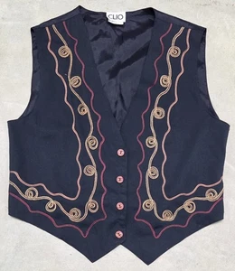 VTG CLIO PETITES Button Up Vest Womens Sz PL Black Geometric Lined Rayon USA - Picture 1 of 8