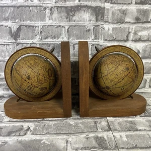 Pair of Spinning Old World Globe Wooden Bookends Rotating Vintage Hong Kong - Picture 1 of 5