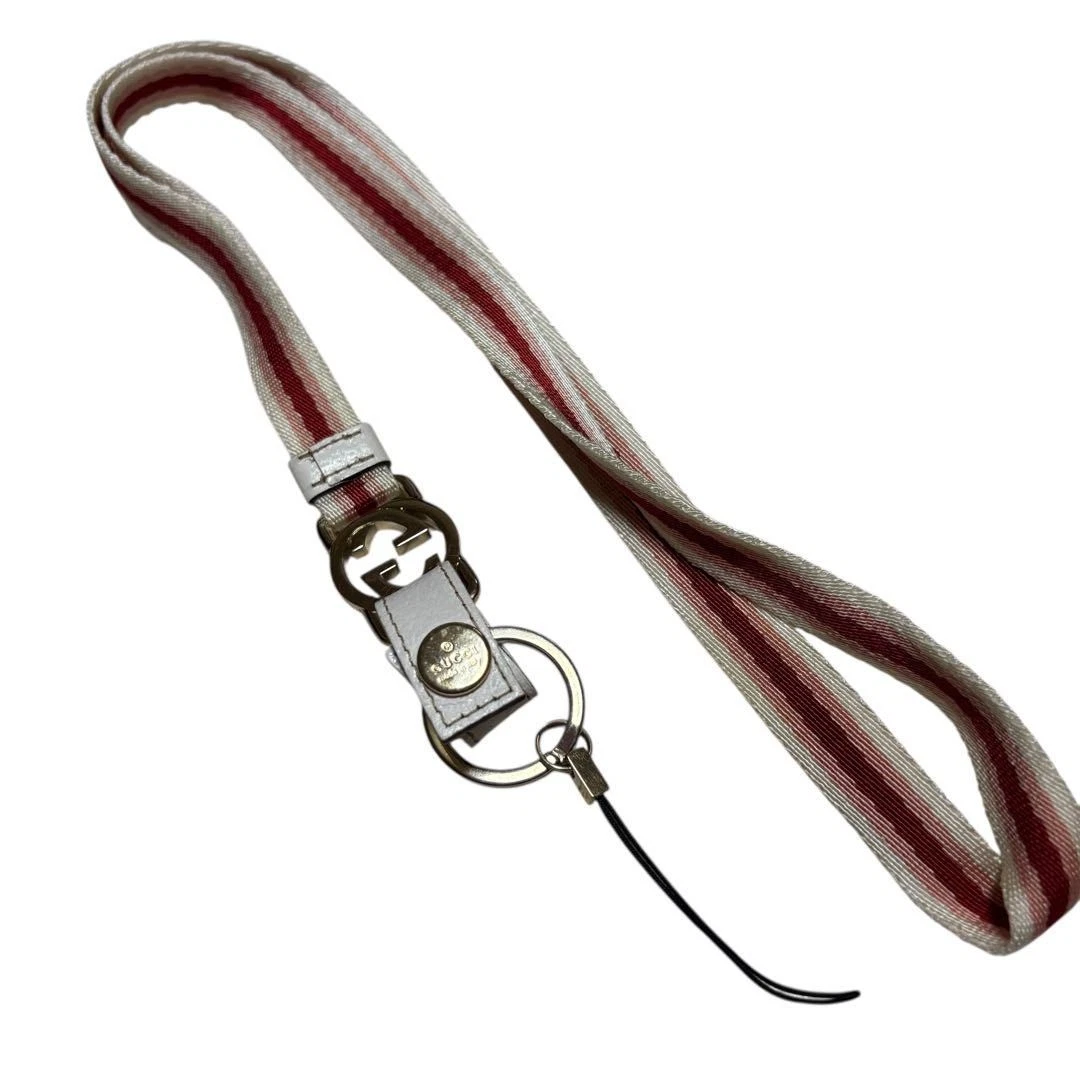 GUCCI Lanyard Phone Strap Neck Holder GG Logo Gold Red White Pink