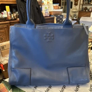 Tory Burch Women’s Leather Center Zip Large Tote Bag Blue EUC - Picture 1 of 16