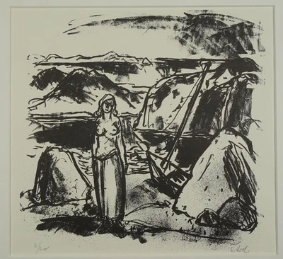 Nackte Frau felsige bergige Landschaft Boot - Lithographie signiert - 20. Jh. - Bild 1 von 4