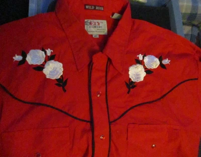 Camisa De Colección Ely Diamante Roja Manga Larga XL Rojo Rubí Perla Broches de presión, Rosa Usada Una vez Foto 1 de 4