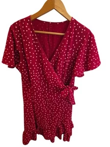 Red With White Polka Dot Wrap Dress with Ruffle Hem and Tie Waist - Picture 1 of 6