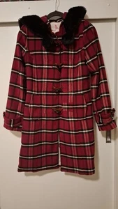 Alannah Hill Red Checked Tartan Coat Hoodie Faux Fur Trim And Pom Poms Sz.10 - Picture 1 of 11