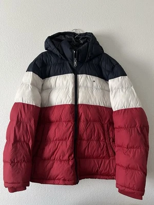 Tommy Hilfiger Hombre’s 3XL Puffer Chaqueta Capucha Rojo Blanco Azul Bloque Acolchado Foto 1 de 4