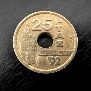 1992 25 Pesetas Spain Seville Expo Torre del Oro Commemorative Coin KM#905 - Picture 1 of 2