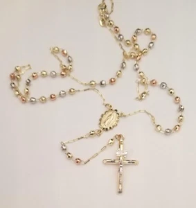 14K Solid Tri Tone Gold Rosario Virgin Mary Necklace Rosary - Picture 1 of 7