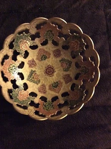 Brass Highly Decorated Inside & Out Painted Enamel Bowl/dish W/scalloped Edge - Picture 1 of 4
