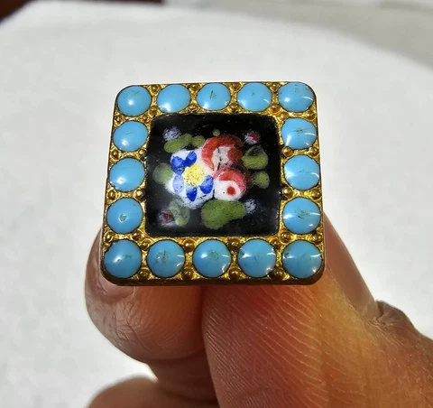 RARE Antique Vtg Enamel Button Square w/ Turquoise Pierreries ca. 1900 goldtone Cover