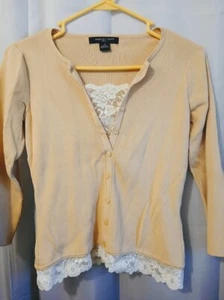 AUGUST SILK Henley Sweater Top S Peachy beige Lacey V-neck pullover 3/4 sleeve - Picture 1 of 9