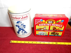 VINTAGE TINS RARE 1980 CRACKER JACK POPCORN + BARNUM`S ANIMAL CRACKERS -L389 - Picture 1 of 10