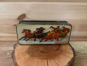 Russian Lacquer Box Troika Three Horse Signed Art Decoupage Hand Made 5.5" T2-39