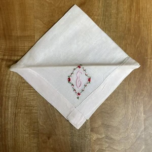 NOS Vintage Hand Embroidered "E" Monogram Linen Handkerchief Pink Floral 11 x 11 - Picture 1 of 4