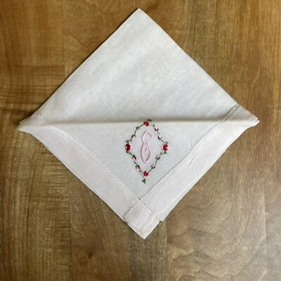 NOS Vintage Hand Embroidered "E" Monogram Linen Handkerchief Pink Floral 11 x 11 - Image 1 of 4