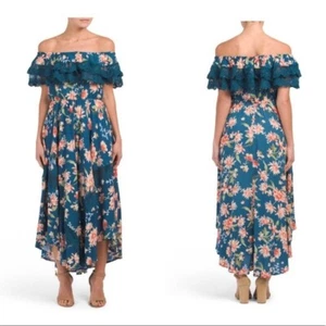 JAASE Torquiest off shoulder maxi floral Teal dress Size XS - Picture 1 of 12