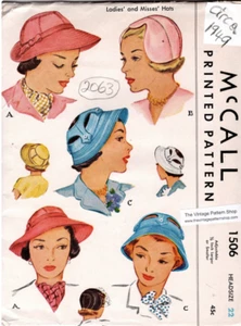 1949 Vintage Sewing Pattern HAT S22″ (2063) McCall 1506 - Picture 1 of 3