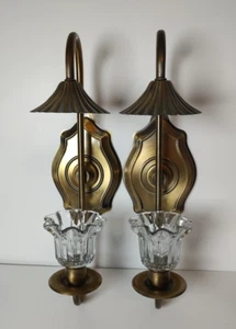 2 Vintage Antik Messing Wandleuchter mit Glas Windlichthalter Homco mit Kapuze - Bild 1 von 11