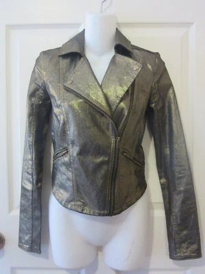 ROCK & REPUBLIC GOLD METALLIC STRETCH DENIM BIKER MOTO JACKET~XSMALL - Image 1 of 4
