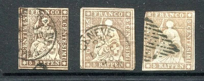 Schweiz 1854-62 Seidenfaden Imperfs: 5r. x 3 Farbtöne fein gebraucht, einige Mängel - Bild 1 von 2