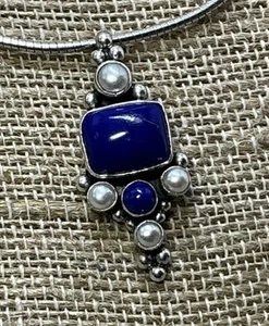 JANICE GIRARDI Handmade 925 Sterling Lapis Pearl Pendant Omega Chain 18” 12g - Picture 1 of 10