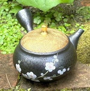 Tokoname Pottery Japanese Teapot Tenmoku glaze Gold lid White Plum Kyusu 240ml - Picture 1 of 11
