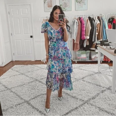 Vestido midi Marchesa Notte pastel Cattleya estampado chiffon em camadas novo com etiquetas - Imagem 1 de 4