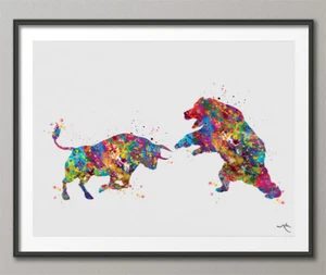 Bulle und Bär Aquarelldruck Bürodekor Wall Street Börsenhändler-356 - Bild 1 von 5