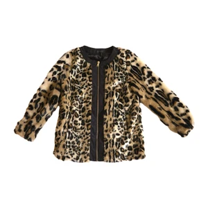 Donna Karen Brown Beige Faux Fur Jacket Womens M Leopard Zip Front New York - Picture 1 of 9