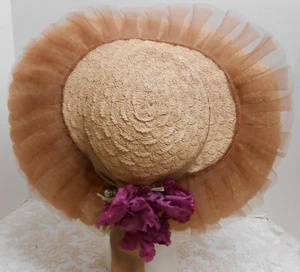 Vintage Wide-Brim Straw Hat Natural Color Adorned with Brown Netting & Flower - Picture 1 of 5