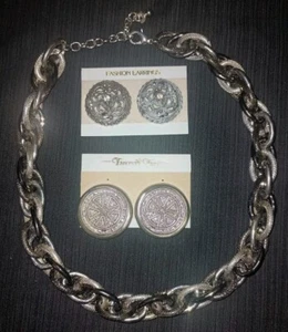 New Dark Silver Tone Thick Chain Linked  Heavy Necklace & 2 Clip On Earrings  - Picture 1 of 6