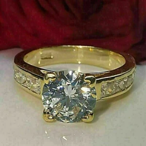 3Ct Lab-Created Engagement Wedding Ring Round Diamond 14k Yellow Gold Plated - Picture 1 of 8