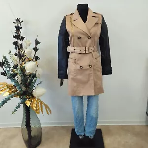 Damen Mantel Trenchcoat mit Kunstleder Ärmel Jacke Beige S - Bild 1 von 8