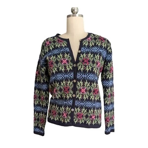 Vintage Blumen Strickjacke Pullover Cottagecore 90er Oma 3D Strick blau grün rosa S - Bild 1 von 11
