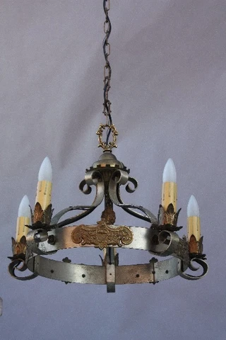 1920s Spanish Revival 5 Light Chandelier w Pewter & Gold Tone Fits Tudor (9679) Cover
