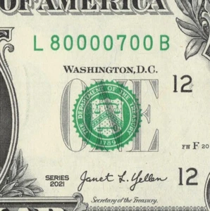 Billete de un dólar número de serie elegante Six of a Kind 0s L80000700B Trinario 7s 8s - Imagen 1 de 12