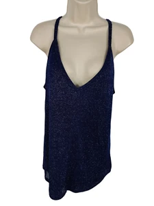 WOMENS NEXT UK 12 NAVY METALLIC KNITTED CASUAL V NECK SLEEVELESS VEST JUMPER TOP - Picture 1 of 3